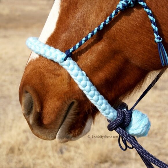 Handmade Soft Cotton Rope Loping Hackamore w/ Braided Headstall & Split Reins - Picture 3 of 12
